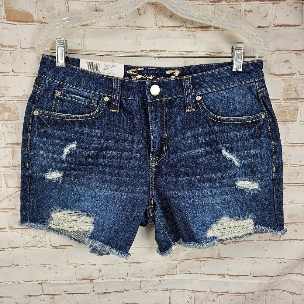 Seven7 Dark Blue Distressed Denim Jean Shorts
